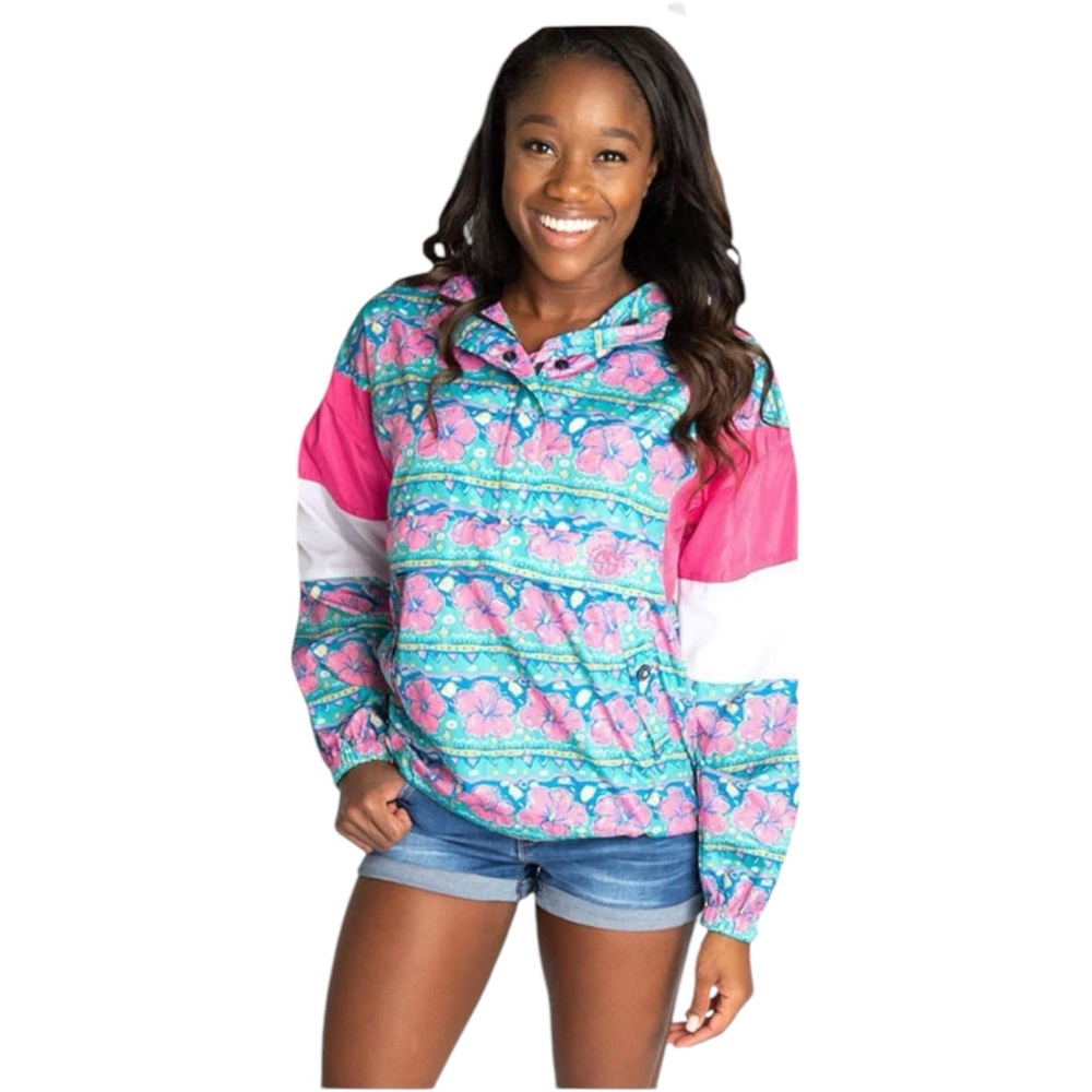 Simply Southern Women's Medium Windbreaker Pullover Hibiscus Flowers Jacket